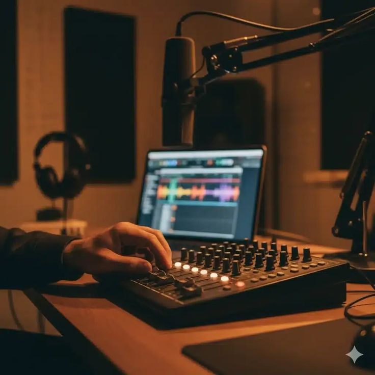 Hand adjusting a mixing console fader with studio microphone and DAW